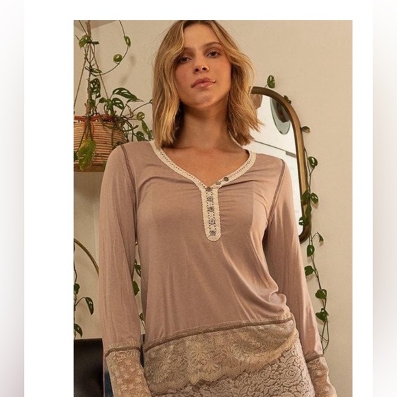 NWT POL Women's Mocha Long sleeve V-neck lace top, loungewear sizes S M L - Picture 7 of 7